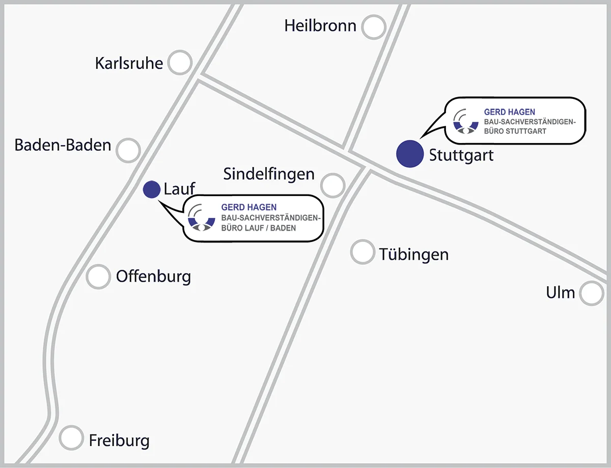 Standorte des Sachverständigenbüros Hagen in Stuttgart und Lauf / Baden